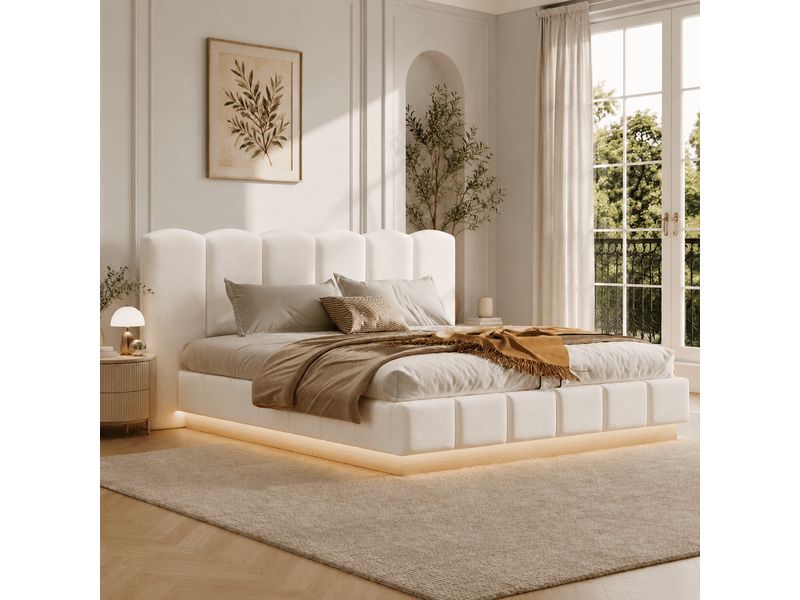  Lit coffre 180x200 cm, lit double, sommier à lattes, rangement hydraulique, tissu bouclé blanc, led  - Conforama E