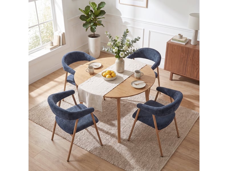  Chaises de salle à manger lot de 4 rembourrée en chenille, pieds en métal effet bois, bleu  - Conforama C