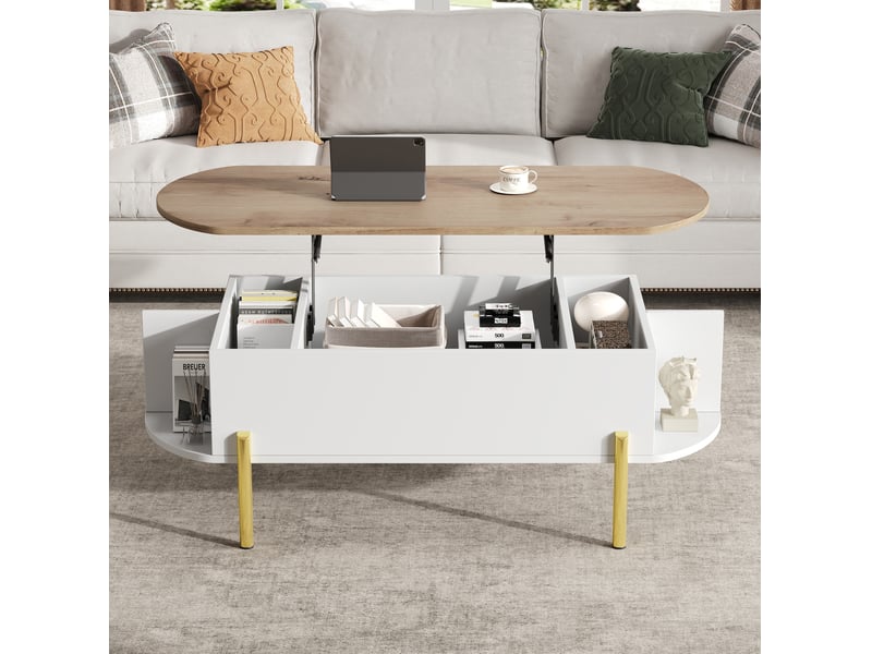  Table basse relevable avec compartiment caché, 7 niches de rangement et 4 pieds métalliques, pour salon, 120 × 50 × 43 cm  - Conforama C