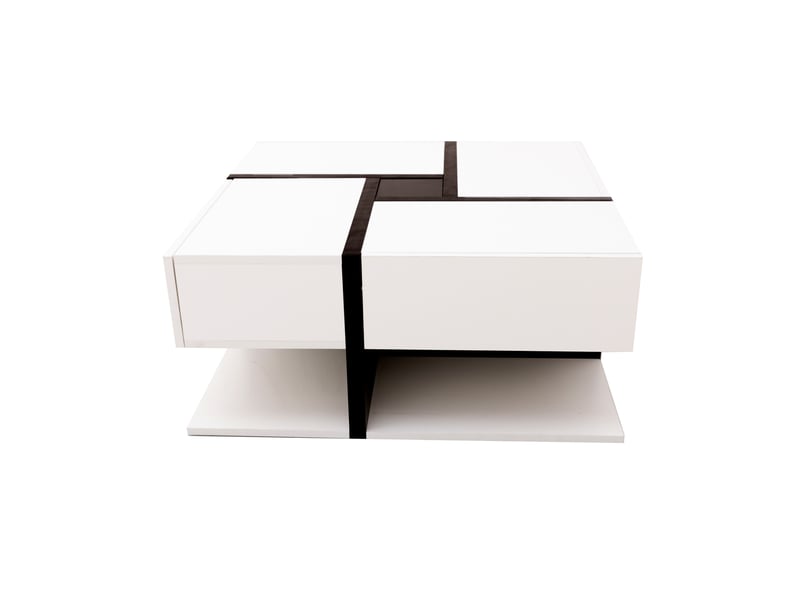 Table basse contemporaine blanc laqué 78x78 cm, hauteur 40 cm, 4 tiroirs, lignes uniques, style moderne - Conforama A