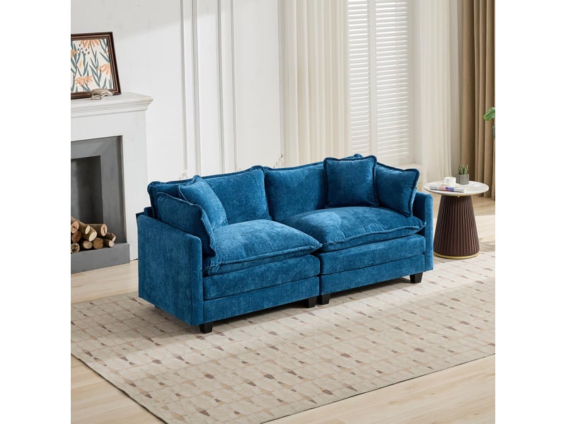 Canapé 2 places en tissu chenille bleu, assise rembourrée double couche et coussin de dossier pour salon ,pouf non inclus - Conforama R