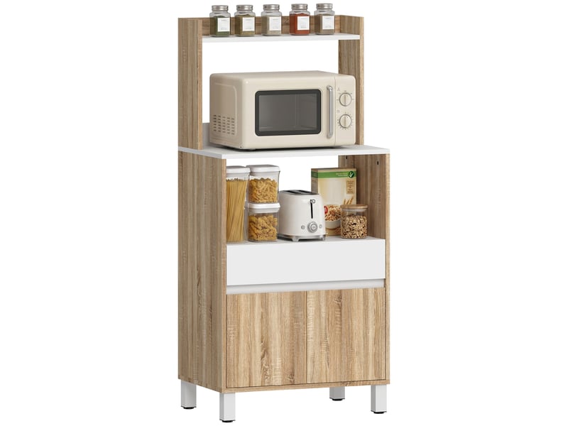  Meuble micro-ondes, buffet de cuisine avec tiroir, 2 portes à fermeture amortie, plan de travail et étagères ouvertes, chêne  - Conforama A
