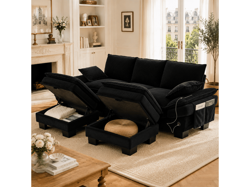  Canapé d'angle 3 places en velours côtelé noir avec 2 poufs et rangement intégré sous le pouf  - Conforama B
