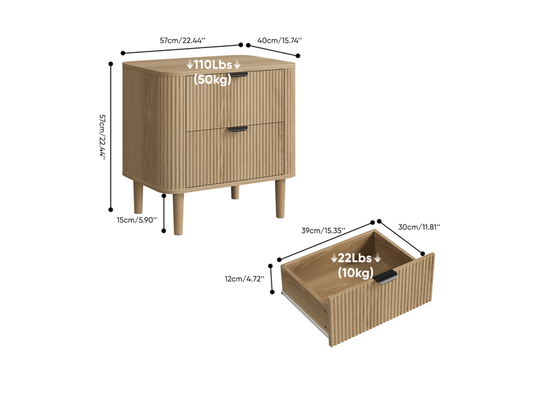 Table de chevet 57 x 40 x 57 cm en mdf bois clair, 2 tiroirs rainurés, style scandinave moderne, rangement pratique - Conforama C