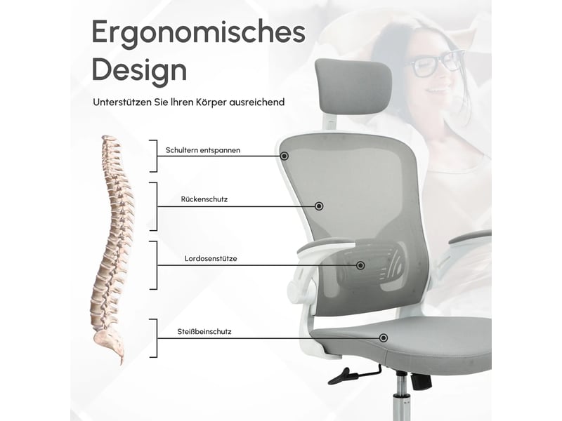  Chaise de bureau ergonomique,65x64x114-122 cm,avec appuie-tête,grise  - Conforama E