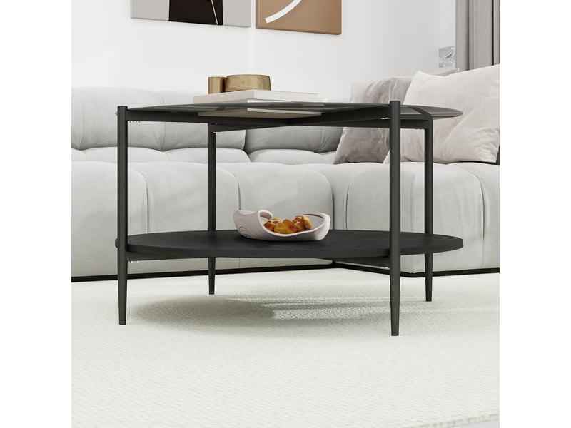 Table basse ronde moderne, avec 2 niveaux et plateau en verre fumé, pour salon, verre, fer, bois, noir  - Conforama D