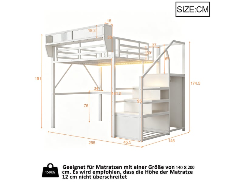Lit mezzanine 140x200 cm, bureau long, led multicolore, échelle sécurisée, rangement modulable, métal blanc sans matelas - Conforama C