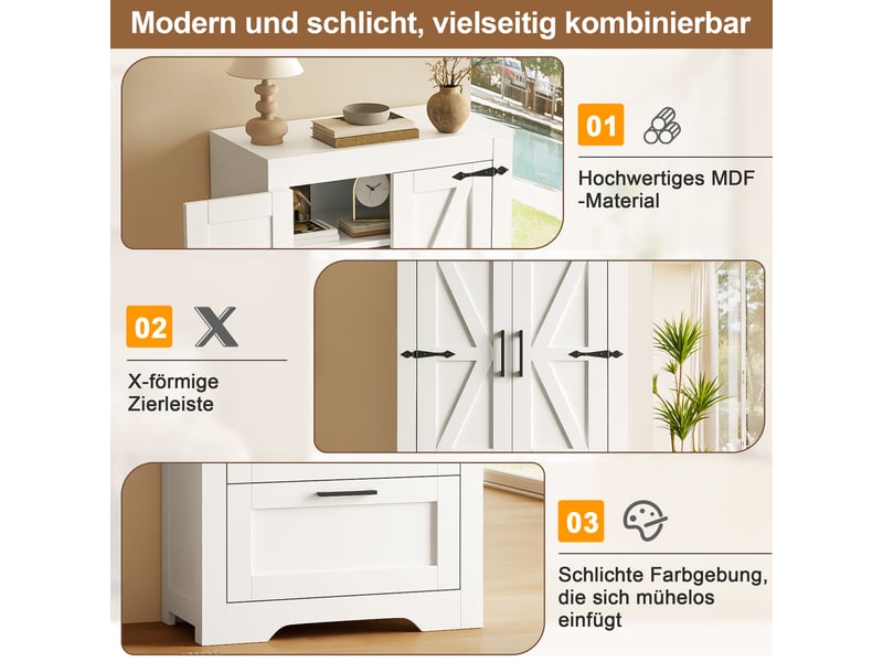  Buffet cuisine blanc 60x30x128 cm, meuble rangement salle à manger avec tiroirs et étagères réglables style grange  - Conforama D