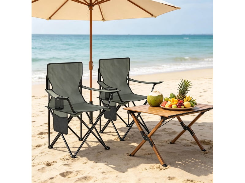 Lot de 2 chaises de camping pliantes 47x76x80,5 cm – gris foncé – porte-gobelet, poche filet et sacs - Conforama B