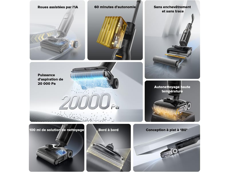  roborock F25 ALT Aspirateur Balai sans Fil 20000Pa,180° Lie-Flat,Distribution Automatique de Solution,Serpillière Autonettoyante à Haute Température F25 ALT,Roues Assistées,20kPa - Conforama B
