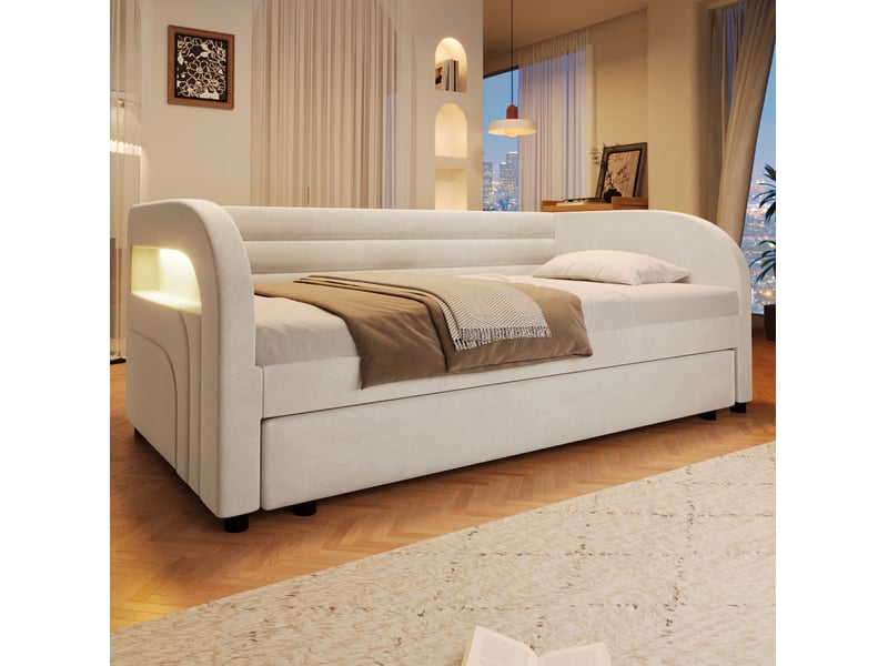  Lit 90x200 cm rembourré beige avec lit gigogne, led multicolore et sommier  - Conforama D