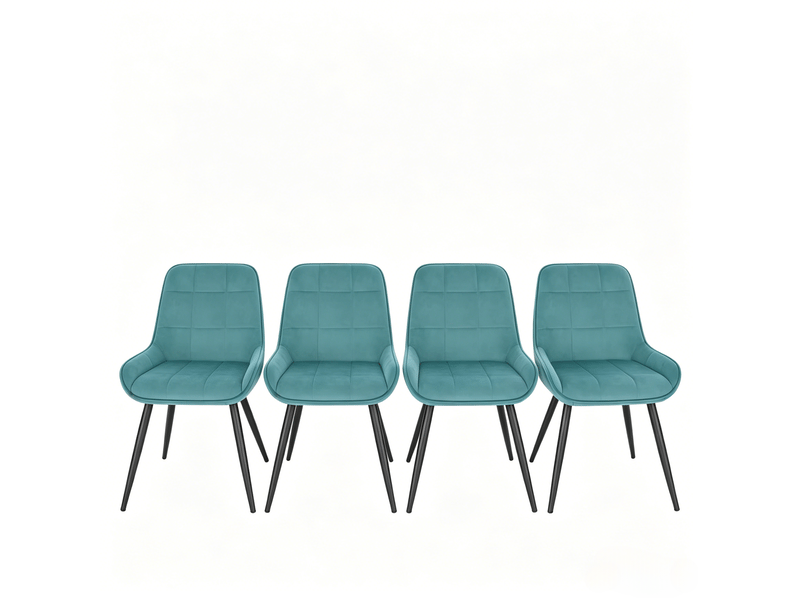 Lot de 4 chaises de salle à manger en velours turquoise, pieds métal noirs, dossier haut matelassé moderne  - Conforama A