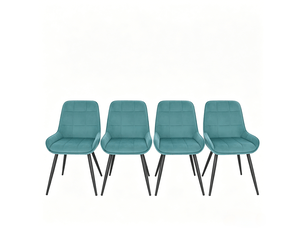 Lot de 4 chaises de salle à manger en velours turquoise, pieds métal noirs, dossier haut matelassé moderne