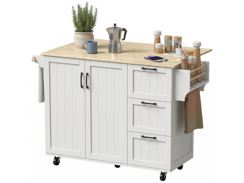  Îlot central de cuisine à roulettes 3 tiroirs plateau rabattable blanc 134,5x75,2x90,5 cm  - Conforama B