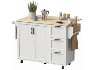 Îlot central de cuisine à roulettes 3 tiroirs plateau rabattable blanc 134,5x75,2x90,5 cm
