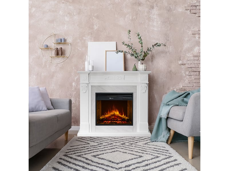 Truman - cheminée électrique sur pied avec effet flamme 121 x 108 x 38 cm, finition bois effet marbre blanc - Conforama B