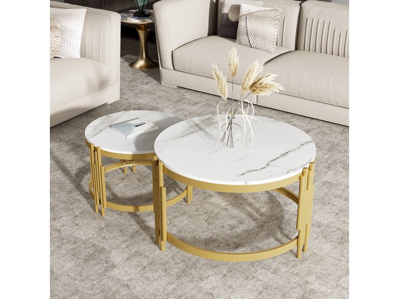  Tables basses gigognes rondes en mdf effet marbre, métal doré, salon, 71,5×71,5×44 et 51,5×51,5×37 cm blanches  - Conforama B