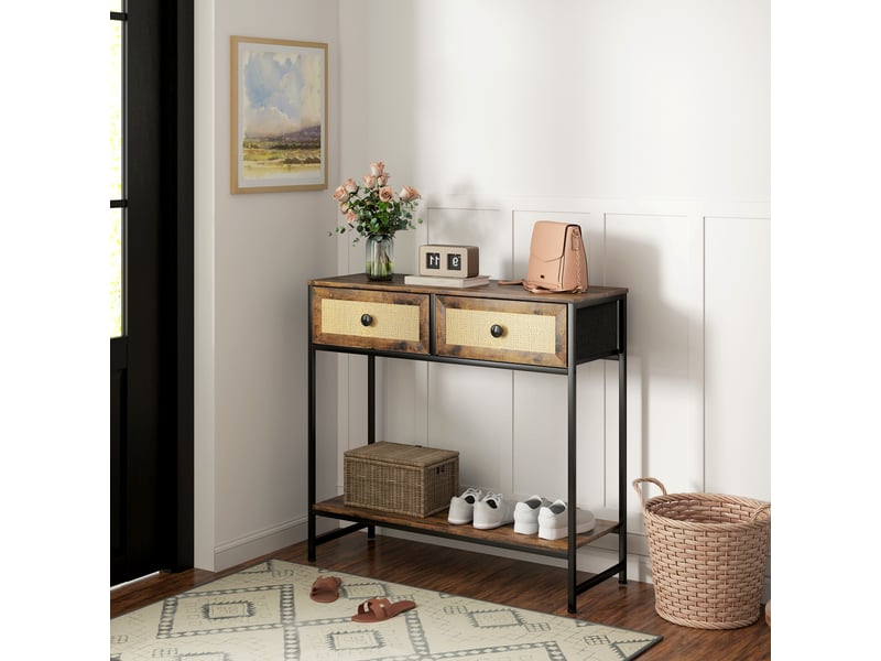  Console en rotin avec étagère ouverte et 2 tiroirs frontaux, 80 x 30 x 75 cm, couleur marron rustique  - Conforama D