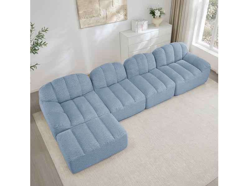 Canapé modulable ulevr 4 places avec ottoman, en l, sans structure rigide, tissu bouclette bleu, 366 x 165 x 79 cm - Conforama D