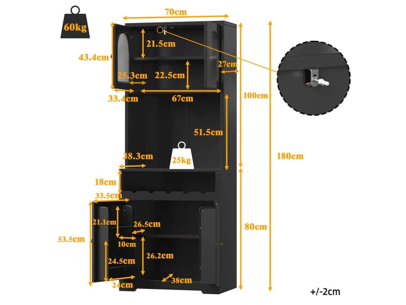  Lot de 2 buffets hauts 140 x 38,3 x 180 cm avec led rgb, portes vitrées, casier à vin et étagères réglables, noir  - Conforama C