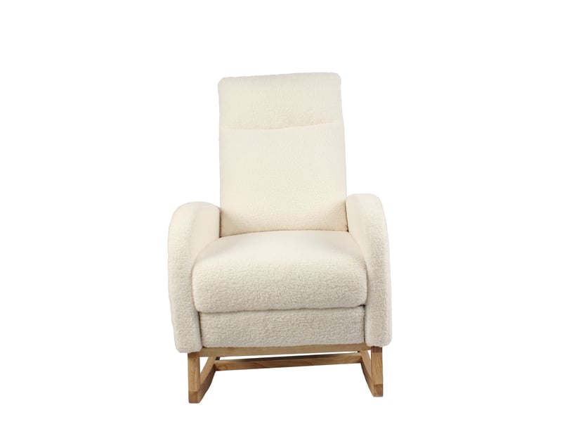 Fauteuil à bascule d'allaitement blanc en tissu bouclette, dossier haut, repose-pieds - Conforama A