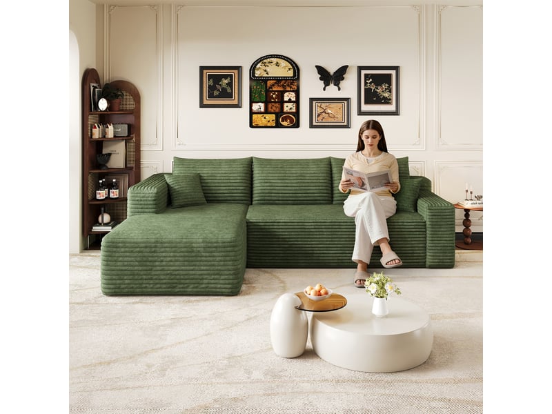  Canapé d’angle vert en velours côtelé, canapé en l 241 cm, 3 places à assise profonde pour salon, mousse haute élasticité  - Conforama E