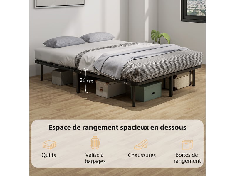  Cadre de lit 140 x 190 cm, lit 2 personnes en bois massif avec sommier à lattes et pied, noir, rangement au-dessous  - Conforama E