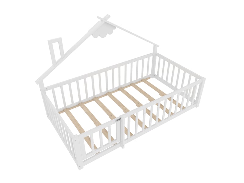  Lit enfant 90x190 cm en pin blanc, style maison, barrières avec fermeture, design sécurisé  - Conforama D