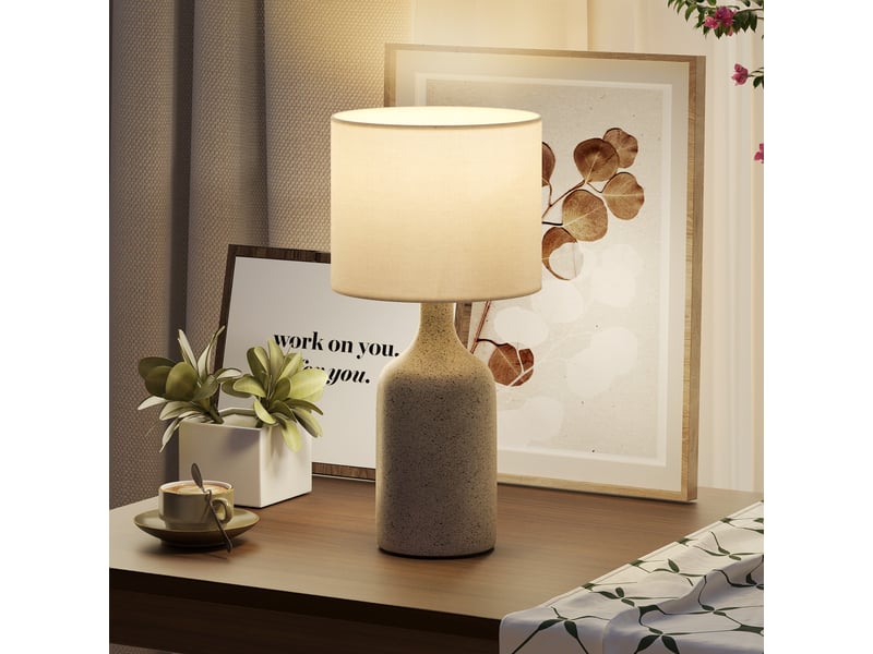  Lampe de table avec base en céramique et abat-jour en lin, lampe de chevet rétro avec culot e27, blanc et sable  - Conforama B