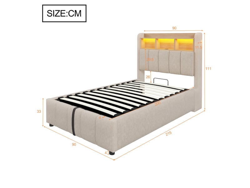 Lit simple coffre 90x200 cm à led, usb et usb-c, tissu en lin beige - Conforama E