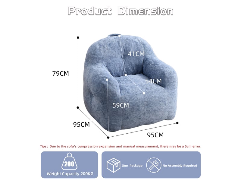  Fauteuil poire modenvie en fausse fourrure bleue avec accoudoirs et mousse déchiquetée 95 x 95 x 79 cm  - Conforama C