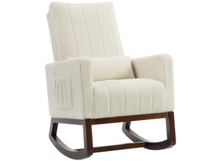 Fauteuil à bascule, rocking chair en flanelle neige rembourré, coussin lombaire, dossier haut, poches latérales, crème