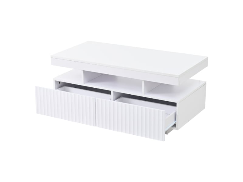  Table basse blanche 100x50x45 cm - 2 tiroirs - plateau thermoformé sous vide à rayures verticales - led intégrée  - Conforama E