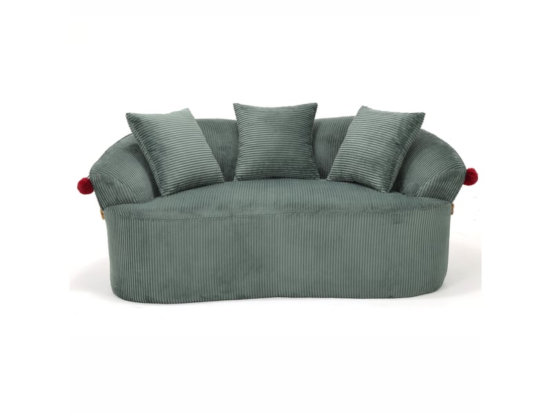 Canapé biplace incurvé 163x93x68 cm vert en velours côtelé, inspiration chapeau de clown avec 3 coussins - Conforama D