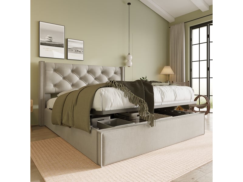  Lit double rembourré 160x200cm avec sommier métallique, coffre hydraulique, tête de lit, coton, gris clair  - Conforama C