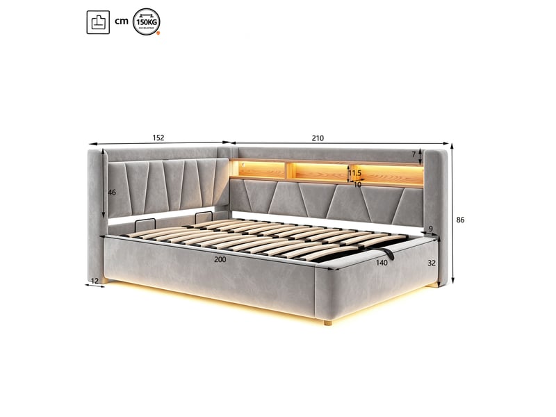  Lit banquette coffre 140x200 cm avec rangement hydraulique, étagères, port usb et éclairage led, velours gris  - Conforama C