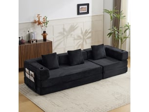 Canapé familial 5 places, avec fonction couchage, avec porte-gobelets, en velours côtelé, coloris noir, l277,5 x p92,5 x h60 cm