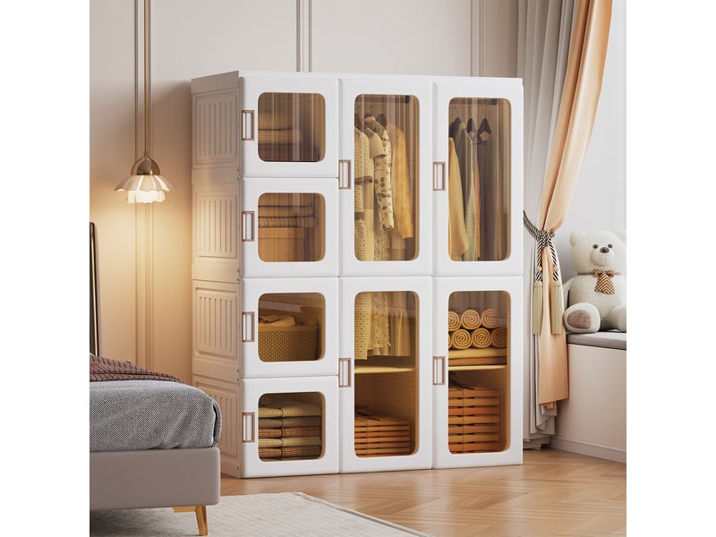  Armoire de rangement pliable en pp,12 compartiments + 2 tringle, portes transparentes pet,pour chambre,blanc,104x50x136 cm  - Conforama B