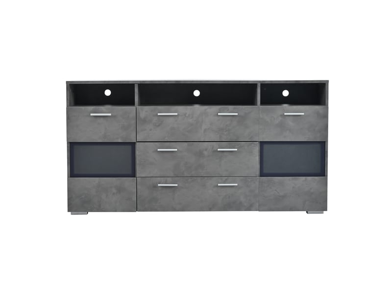  Buffet gris 140 cm avec éclairage led, portes transparentes en acrylique, 3 tiroirs, 3 niches ouvertes et contrôle par application  - Conforama A