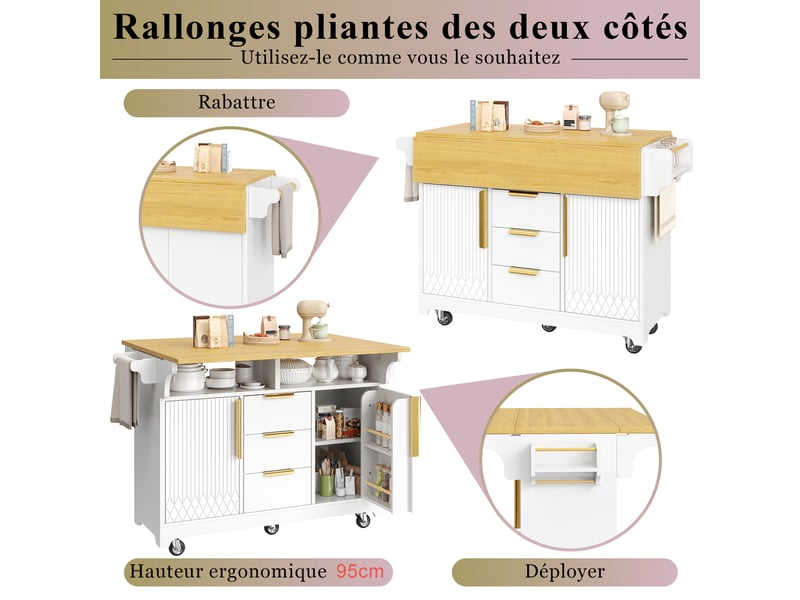 Îlot central de cuisine 120 x 4080 x 95 cm avec plateau extensible, 3 tiroirs et 2 portes, étagères et roulettes, blanc - Conforama E