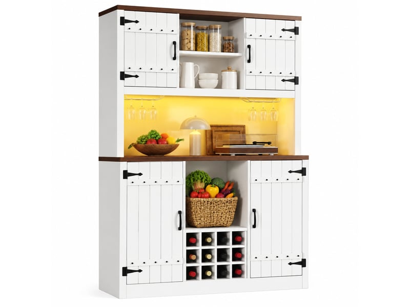 Colonne de cuisine avec portes, étagères réglables, casier à vin et éclairage led rgb pour cuisine 120×40×180 cm blanc - Conforama A