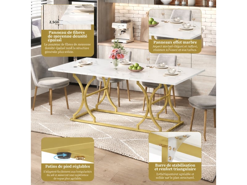  Table à manger 8 à 10 personnes, rectangulaire effet marbre, plateau 200 x 80 cm, pieds en métal doré  - Conforama C