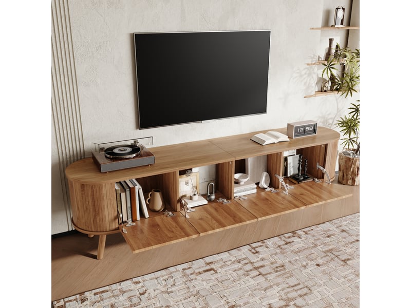  Meuble tv 180 cm avec 4 portes rainurées, poignées dorées et bords arrondis, mdf et panneau de particules, effet chêne Fay Lum - Conforama D