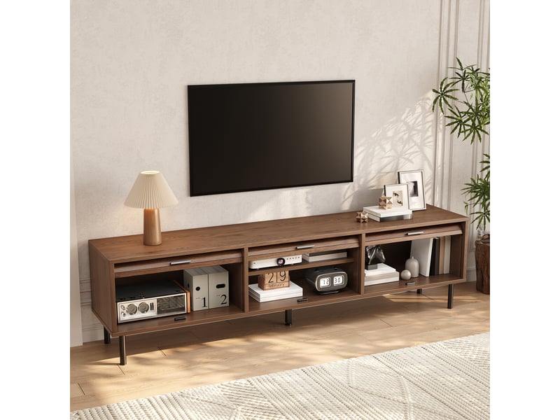 Meuble tv 180x40x55 cm - meuble bas avec 3 portes coulissantes à relief vertical, poignées noires et pieds en métal noirs - Conforama B