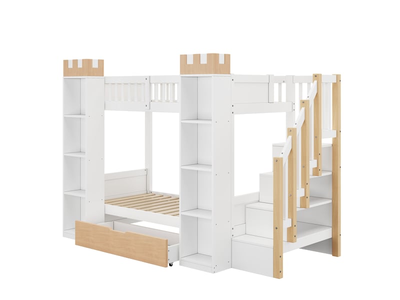  Lit superposé 90x200cm avec tiroir, garde-corps et escalier de rangement, design château, blanc+naturel  - Conforama A
