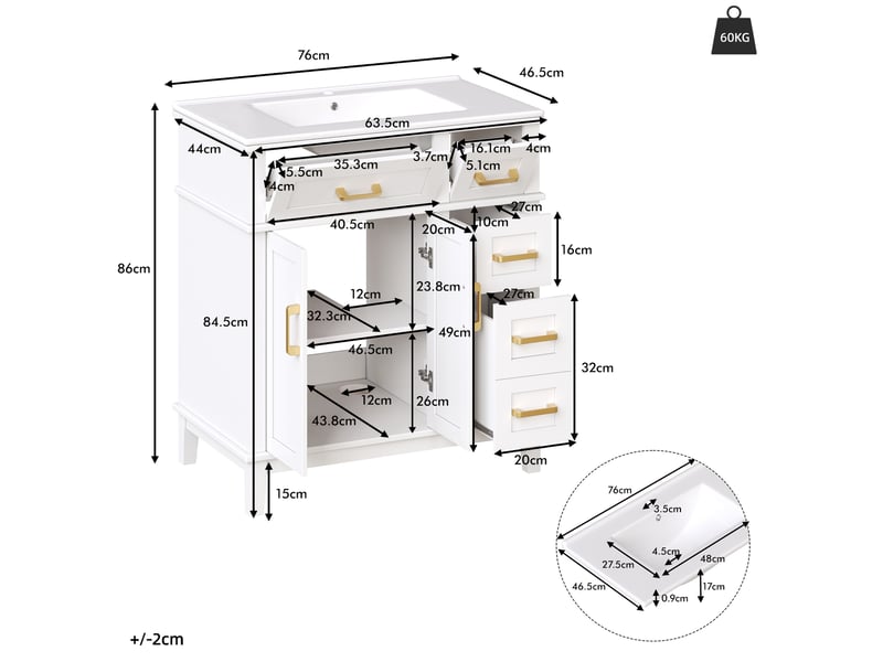  Meuble sous vasque avec tiroirs, portes et fermeture douce pour salle de bain en mdf blanc 76×46,5×86 cm  - Conforama D