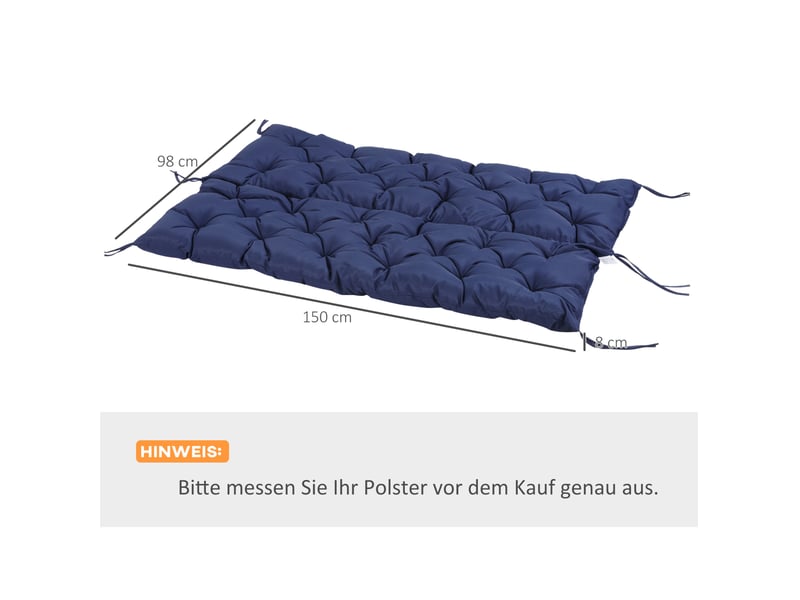  Coussin de banc 3 places 150 x 98 x 8 cm bleu en polyester, avec dossier et 6 liens de fixation  - Conforama C