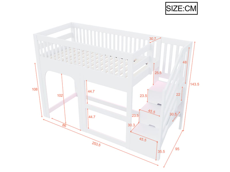  Lit surélevé enfant, 90x200 cm, sommier à lattes, échelle, rangement, avec led, matelas non inclus, bois, coloris blanc  - Conforama C