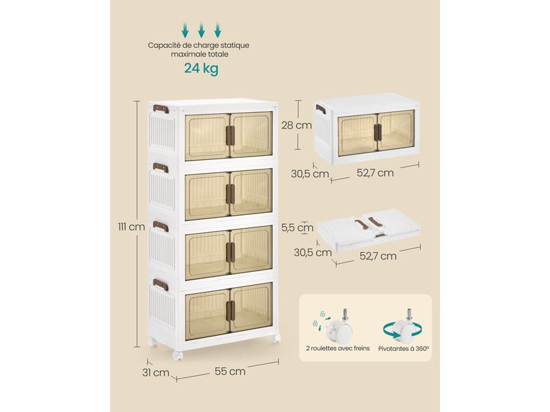  Boîte de rangement empilable sur roulettes 26 x 45 x 91 cm 100 l capacité avec couvercle pratique en plastique blanc 12_0012779  - Conforama B