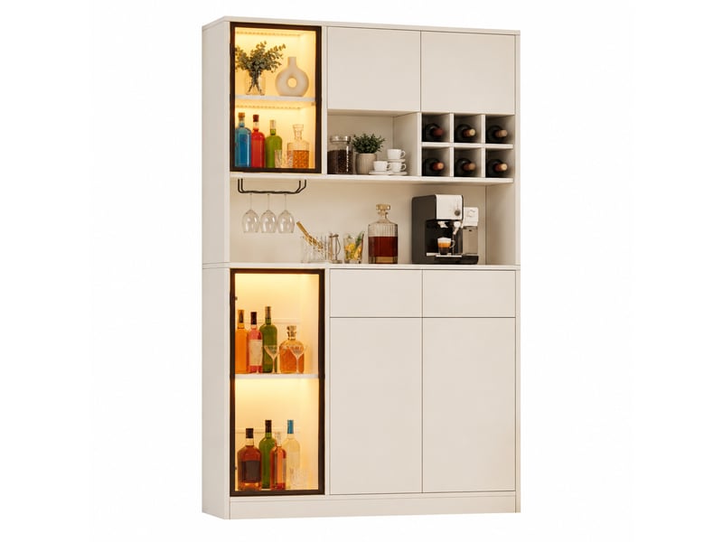  Vitrine haute avec 6 portes, 2 tiroirs, niches ouvertes et éclairage led pour salon et salle à manger, blanche, 120×33×200 cm  - Conforama A